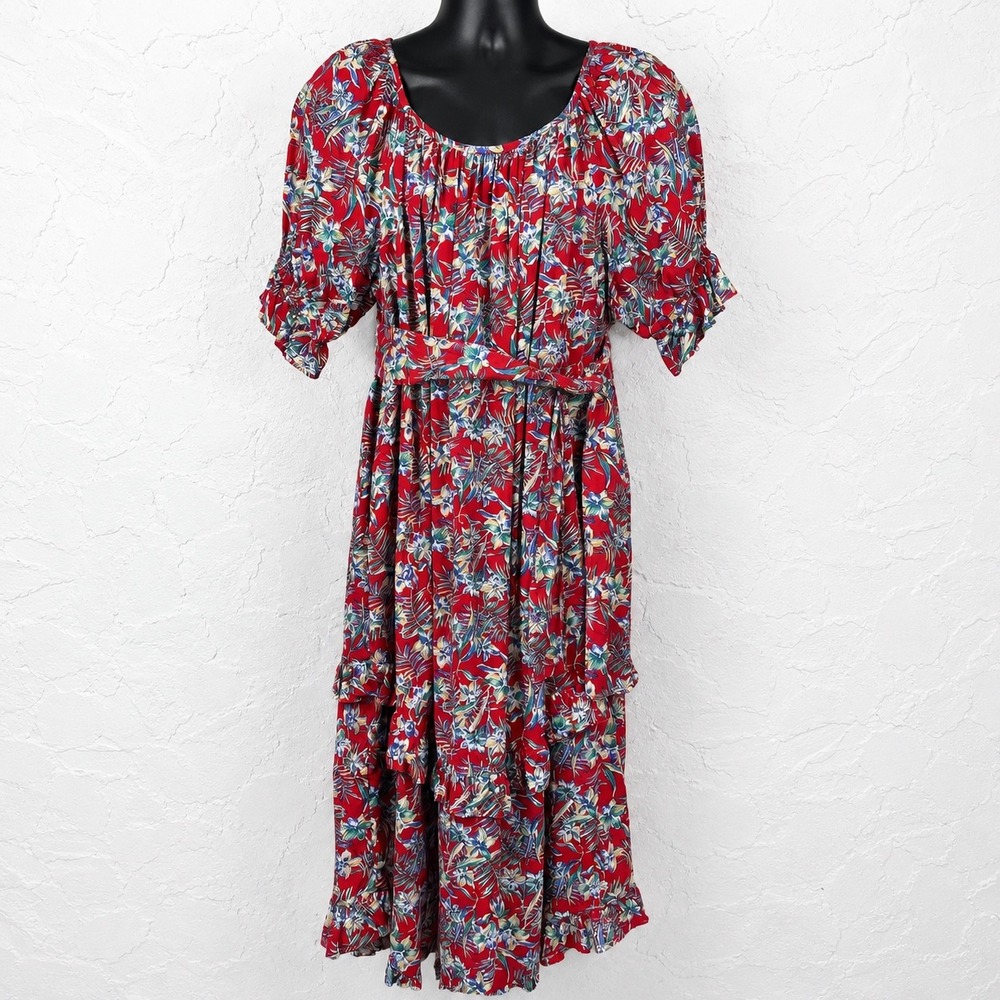 Island Connection Hawaii Red Tropical Floral Midi Dress Puff Sleeve Cotton Rayon